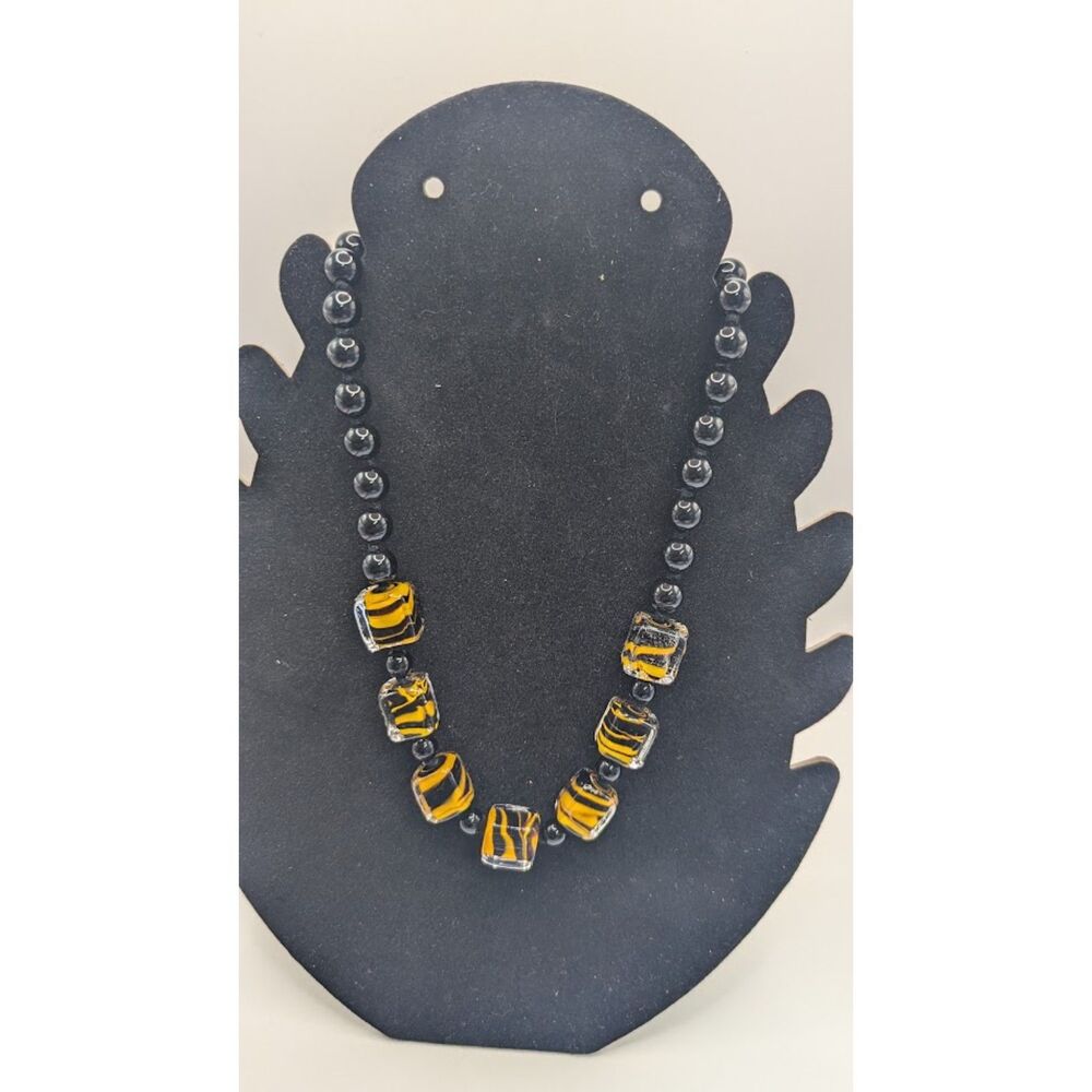 Vintage 1970s Czech Glass Leopard Square Swirl Beaded Statement Necklace